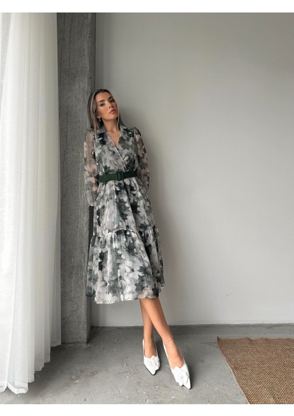 Gömlek Yaka Desenli Şifon Elbise Yeşil