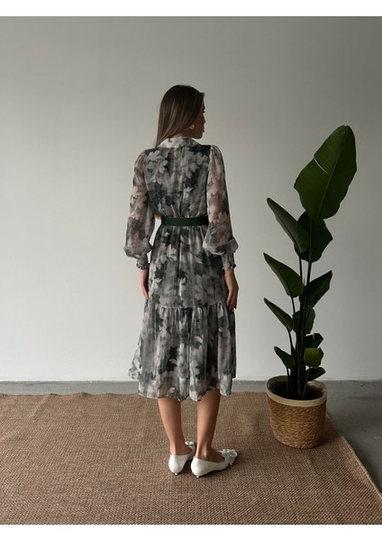 Gömlek Yaka Desenli Şifon Elbise Yeşil