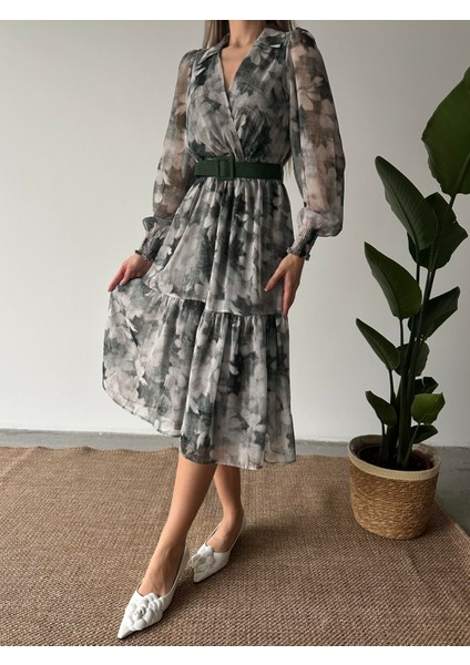 Gömlek Yaka Desenli Şifon Elbise Yeşil