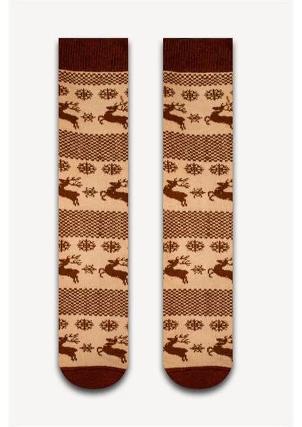 Bej Noel Geyikler Havlu Çorap