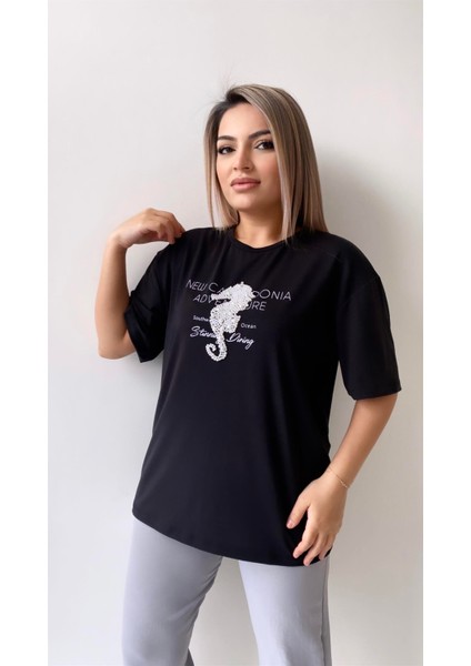 Inci Işlemeli Adven Ture Tişört Siyah