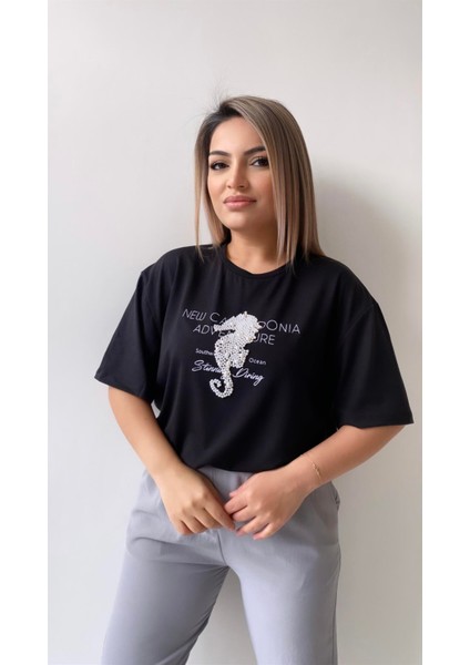 Inci Işlemeli Adven Ture Tişört Siyah