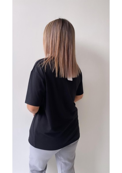 Inci Işlemeli Adven Ture Tişört Siyah