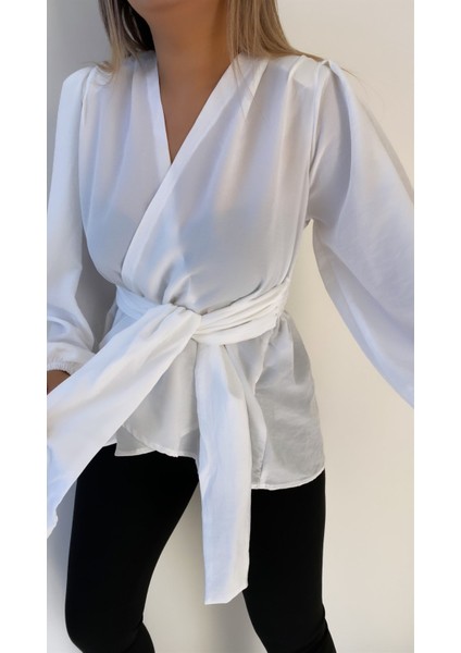 Kuşaklı Kruvaze Bluz Ekru fiyatları