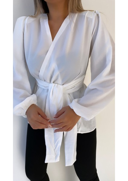 Kuşaklı Kruvaze Bluz Ekru modelleri