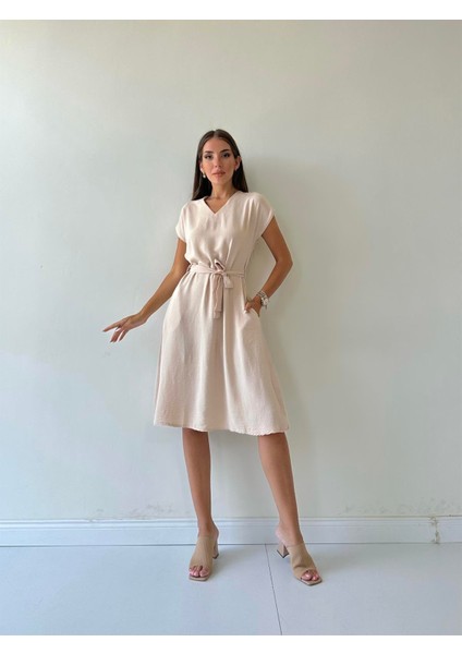 Kuşaklı Ayrobin Keten Elbise Taş