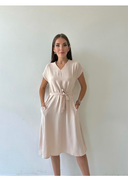 Kuşaklı Ayrobin Keten Elbise Taş modelleri