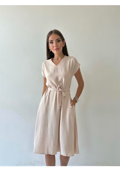 Kuşaklı Ayrobin Keten Elbise Taş fırsatları