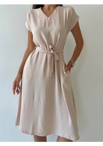 Kuşaklı Ayrobin Keten Elbise Taş