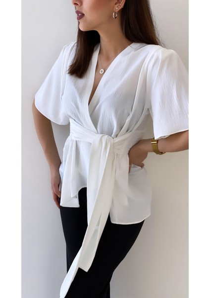 Kısa Kol Önü Kuşaklı Ayrobin Bluz Ekru modelleri