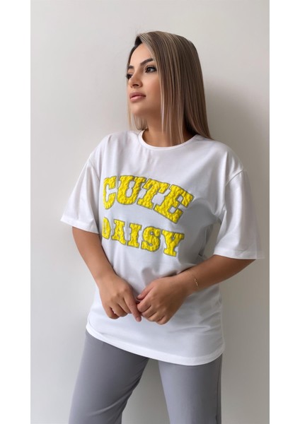 Kabartmalı Cute Daisy Tişört Ekru Sarı