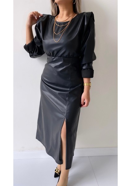 Vatkalı Uzun Kol Yırtmaçlı Deri Elbise Siyah fiyatları