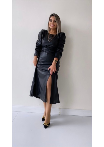 Vatkalı Uzun Kol Yırtmaçlı Deri Elbise Siyah modelleri