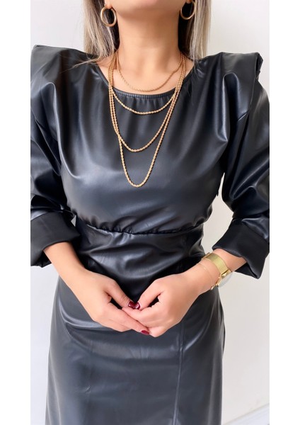 Vatkalı Uzun Kol Yırtmaçlı Deri Elbise Siyah fırsatları