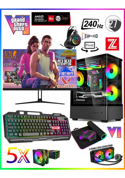 GTA-VI RX5XT ✔ Ryzen 5 8400F Ddr5 64GB 5600MHZ Ram 1TB M.2 Nvme SSD 16GB GDDR6 RX9060XT 27" 240Hz Sıvı Soğutmalı Premium Oyuncu Bilgisayarı