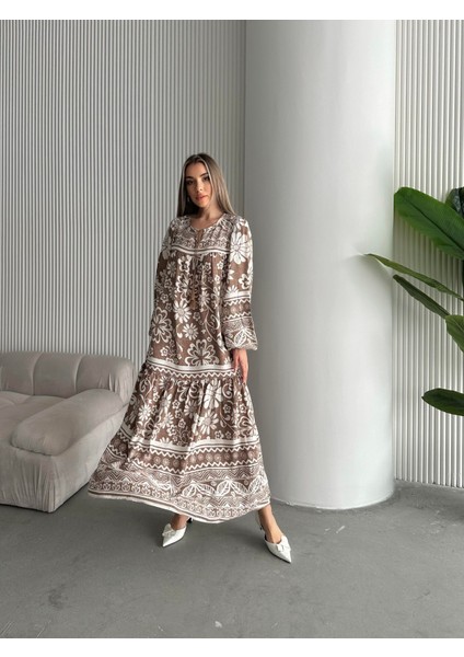 Yakası Ipli Salaş Desenli Viskon Elbise Bej