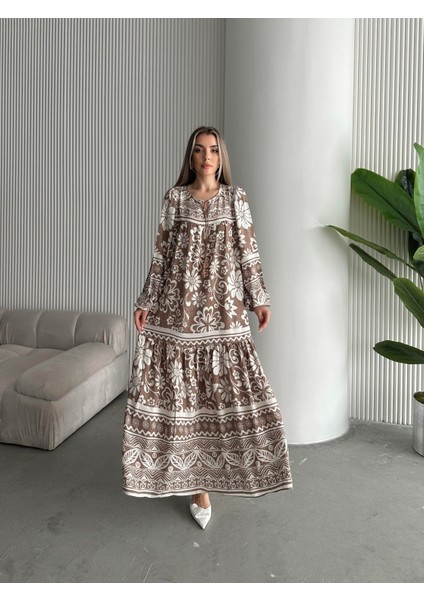 Yakası Ipli Salaş Desenli Viskon Elbise Bej fırsatları
