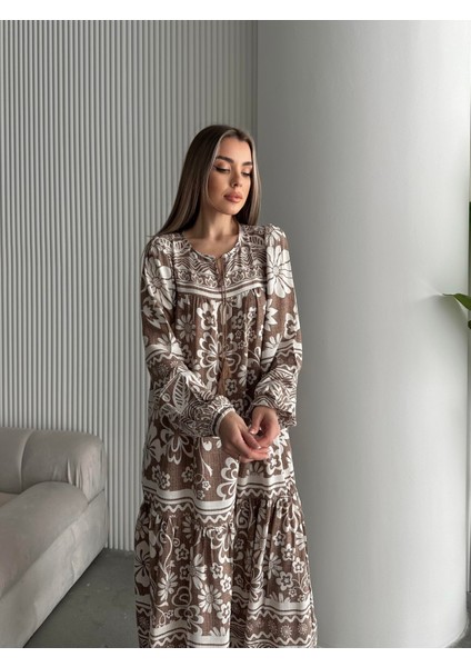 Yakası Ipli Salaş Desenli Viskon Elbise Bej indirimleri