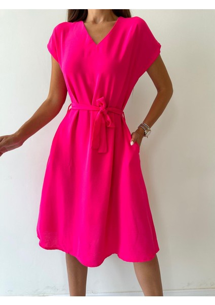 Kuşaklı Ayrobin Keten Elbise Pembe fiyatları