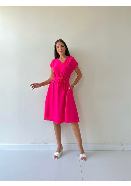 Kuşaklı Ayrobin Keten Elbise Pembe modelleri