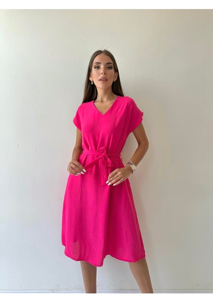 Kuşaklı Ayrobin Keten Elbise Pembe fırsatları