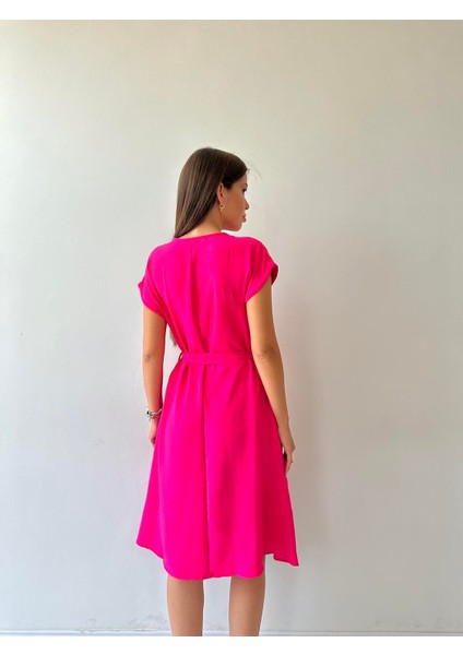 Kuşaklı Ayrobin Keten Elbise Pembe indirimleri