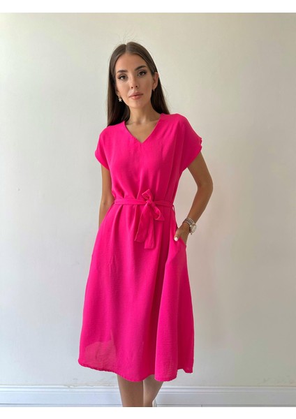 Kuşaklı Ayrobin Keten Elbise Pembe