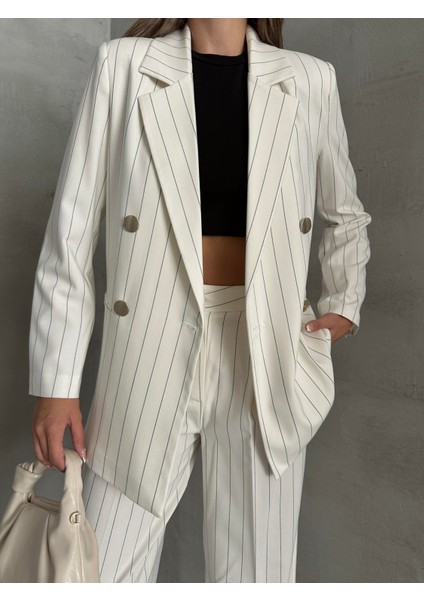 Çizgili Lüks Ceket Pantolon Takım Ekru modelleri