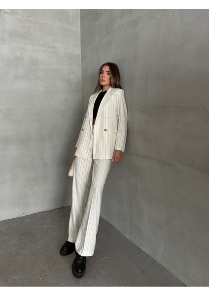 Çizgili Lüks Ceket Pantolon Takım Ekru indirimleri