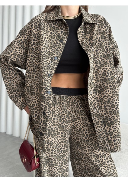 Biyeli Gabardin Leopar Takım Kahverengi modelleri