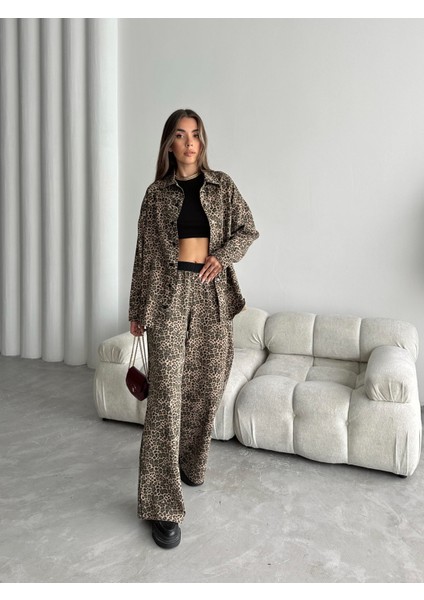 Biyeli Gabardin Leopar Takım Kahverengi