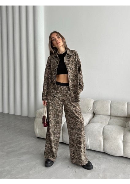 Biyeli Gabardin Leopar Takım Kahverengi