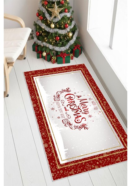 Dijital Baskılı Kaymaz Tabanlı Yıkanabilir Kırmızı Merry Christmas Halısı