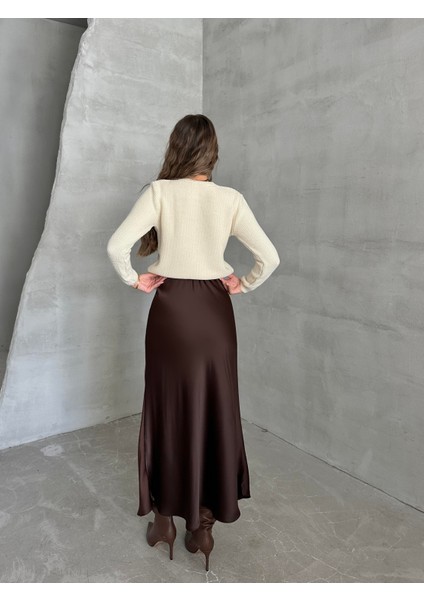 Maxi Boy Saten Etek Kahverengi