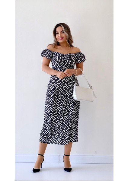 Geometrik Desen Midi Elbise Siyah