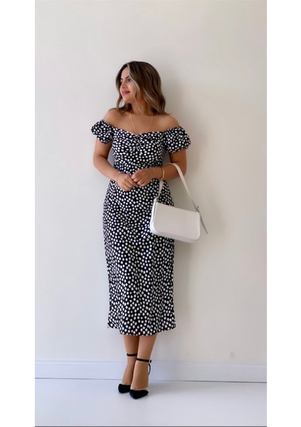 Geometrik Desen Midi Elbise Siyah