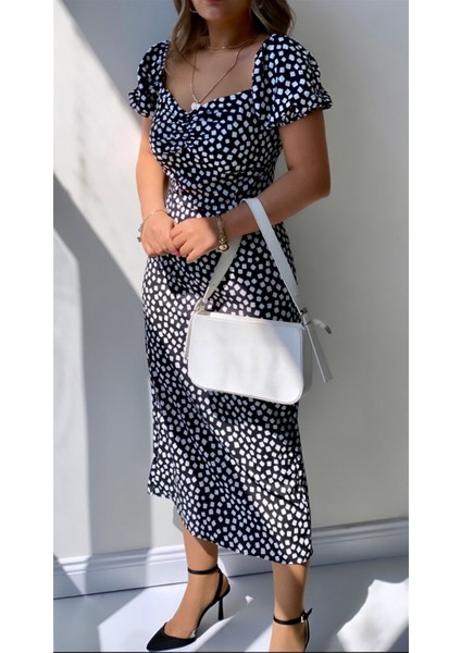 Geometrik Desen Midi Elbise Siyah