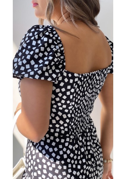 Geometrik Desen Midi Elbise Siyah