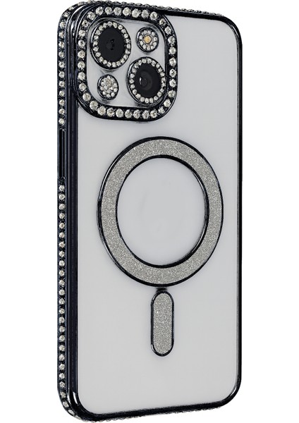 Apple iPhone 13/14 Uyumlu Taşlı Magsafe Şarj Özellikli Kamera Korumalı Simli Kılıf