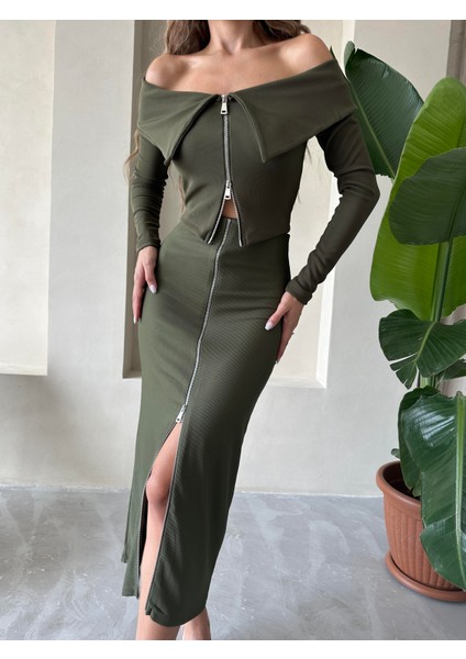 Düşük Yaka Fermuarlı Triko Bluz Haki modelleri