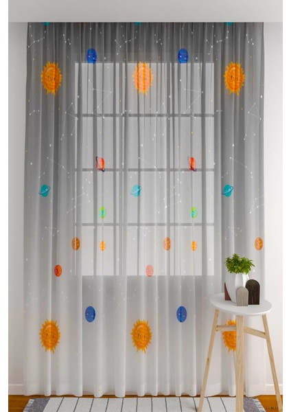 Tül Perde Seyrek Pile (1x2) Çocuk Odası Tül Perde Çocuk Odası Gri Perde Gezegen Desenli Perde fiyatları