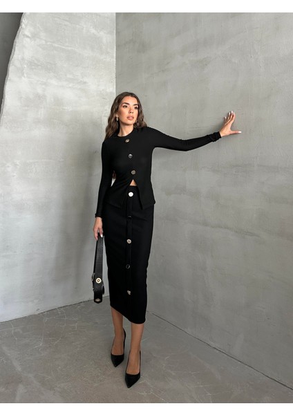 Önden Düğmeli Triko Etek Siyah