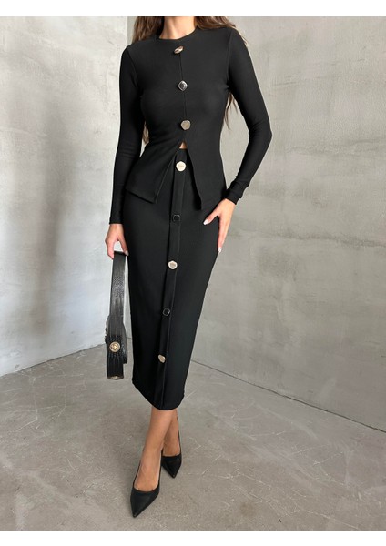 Önden Düğmeli Triko Etek Siyah fiyatları