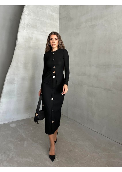 Önden Düğmeli Triko Etek Siyah modelleri