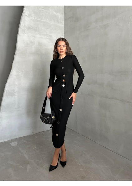 Önden Düğmeli Triko Etek Siyah fırsatları