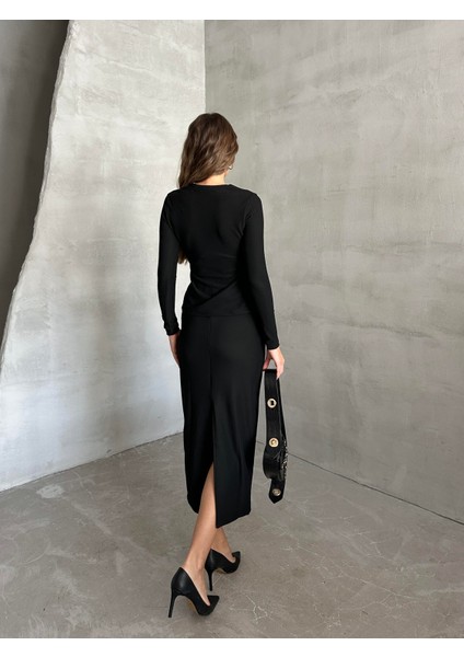 Önden Düğmeli Triko Etek Siyah indirimleri