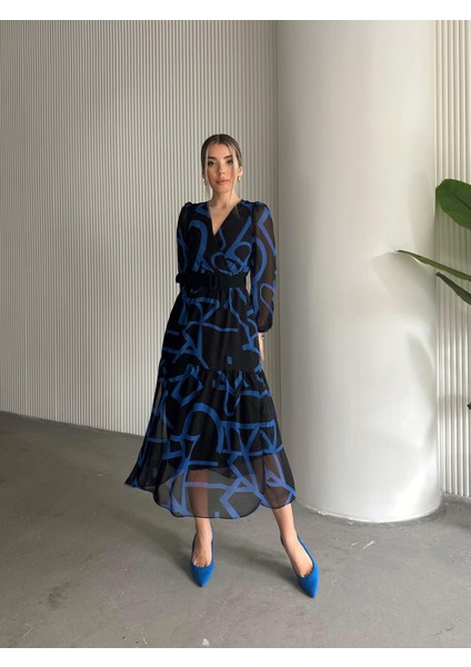Kemerli Desenli Şifon Elbise Mavi fiyatları