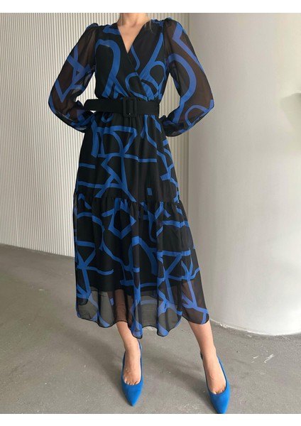 Kemerli Desenli Şifon Elbise Mavi modelleri