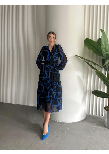 Kemerli Desenli Şifon Elbise Mavi fırsatları