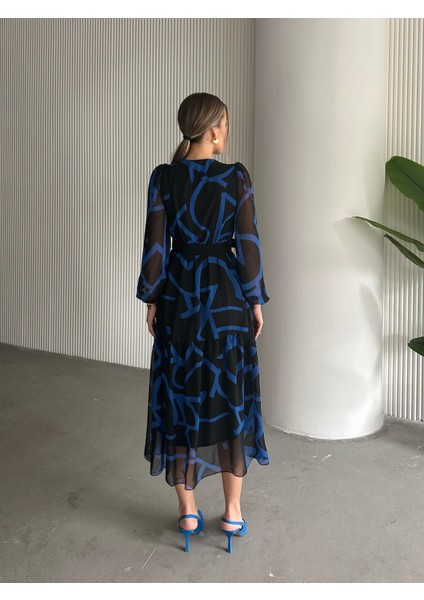 Kemerli Desenli Şifon Elbise Mavi indirimleri